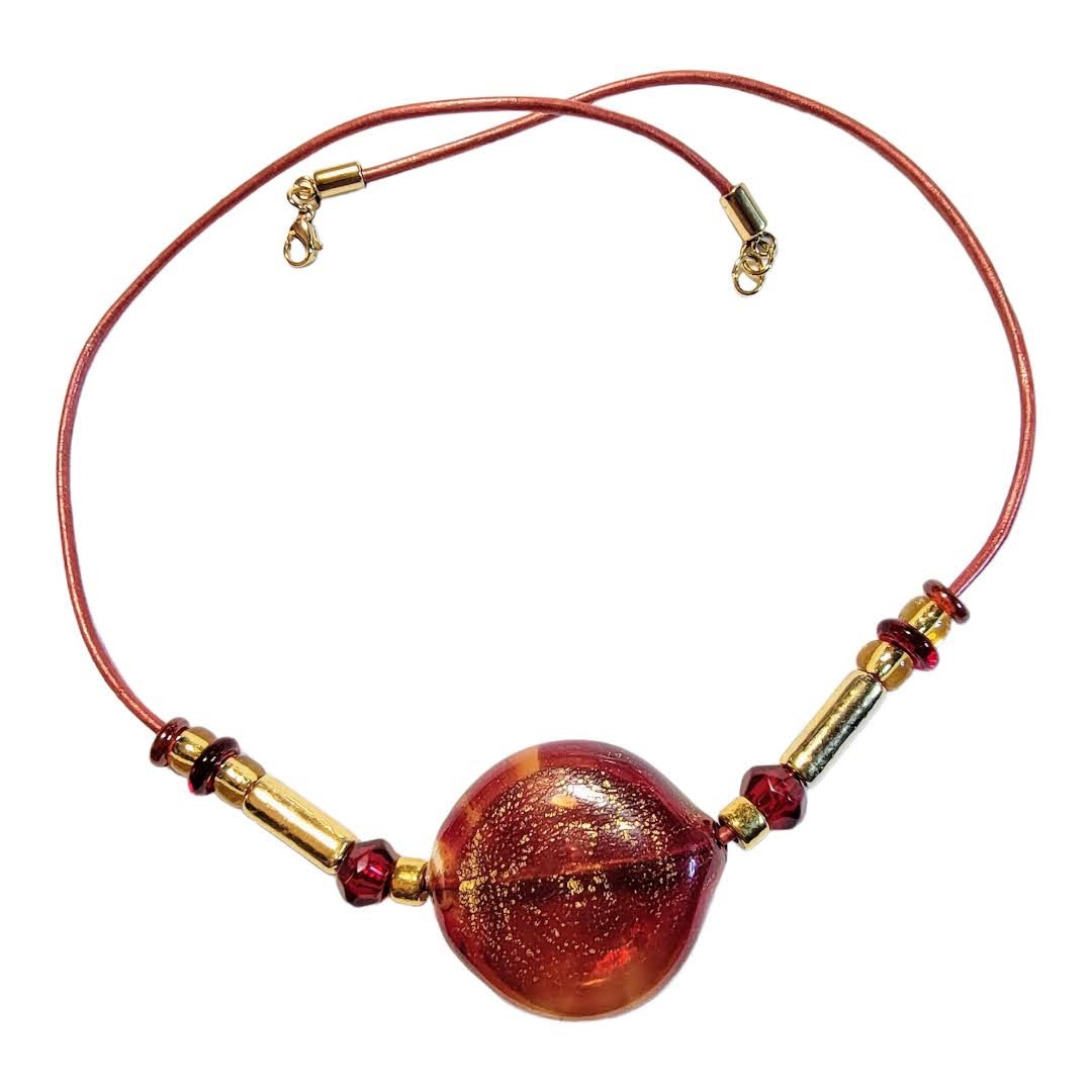 Venetian Glass Red Wine Focal Leather Cord Necklace