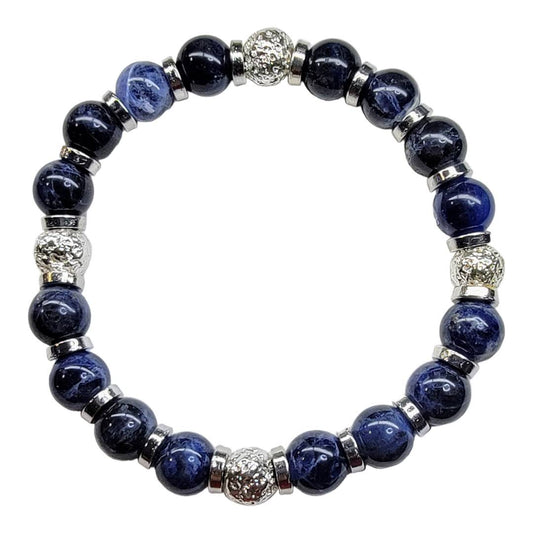 Blue Shiny Sodalite Silver Lava Silver Disc Stretchy Bracelet