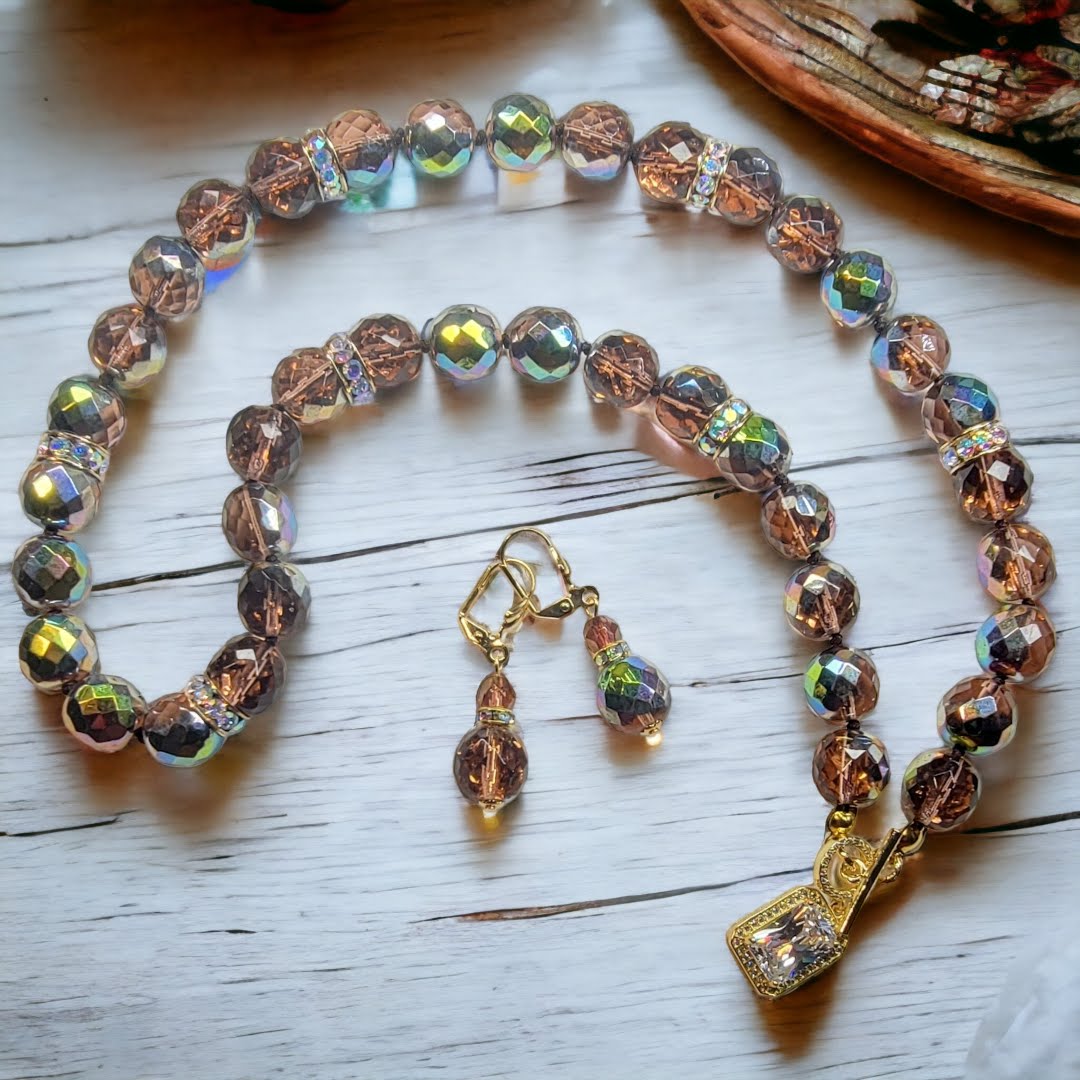 Peach/Metallic Aqua Faceted Czech Glass Knotted Necklace/ Earrings  Set