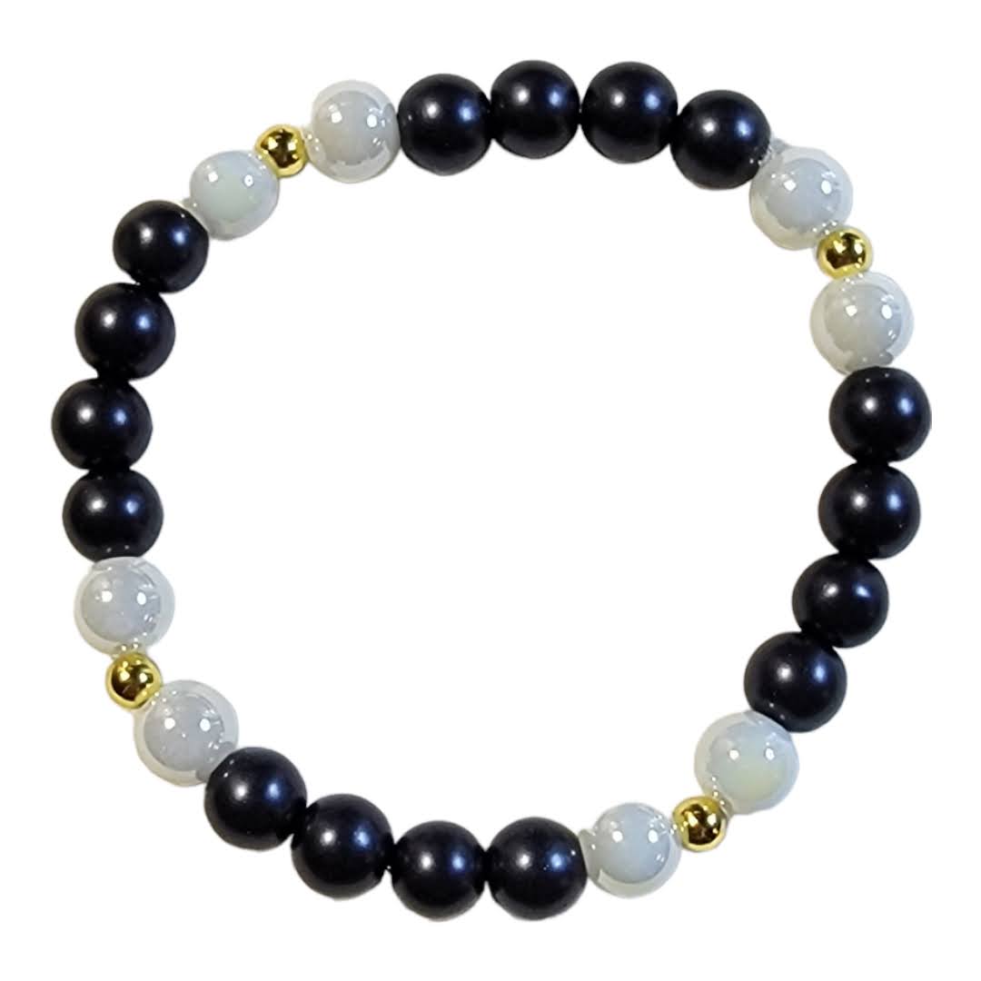 Black Matte Agate White Shine Focal Stretchy Bracelet