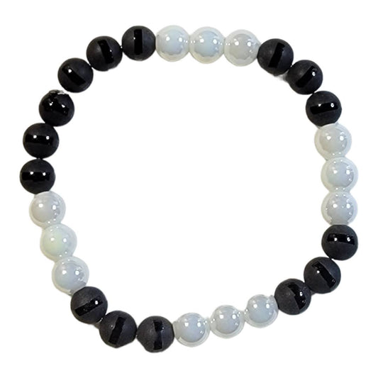 Black Matte Agate Stripe White Shine Focal Stretchy Bracelet