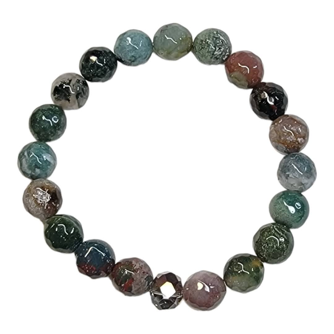 Shiny Indian Agate Grey Glass Rondelle Focal Stretchy Bracelet