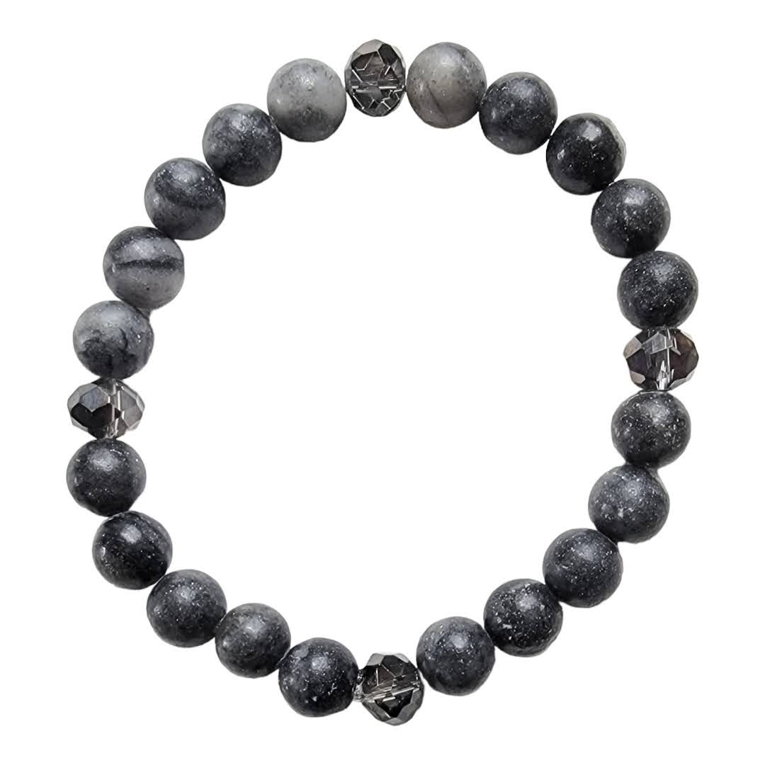 Grey Matte Agate Grey Glass Rondelle Stretchy Bracelet