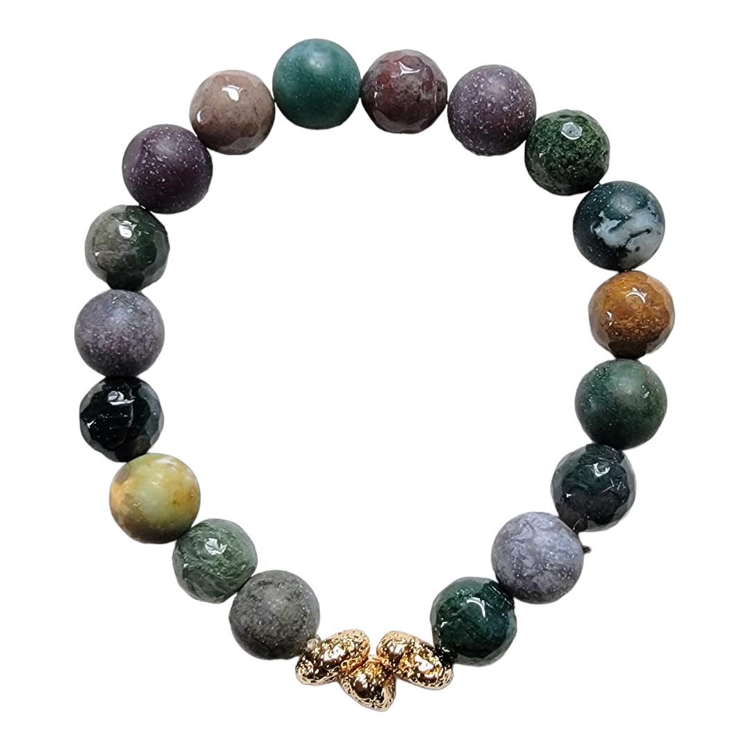 Mixed Shiny/ Matte Indian Agate Gold Lava Focal Stretchy Bracelet