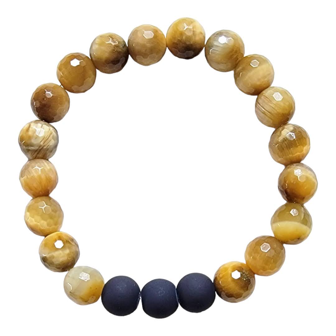 Yellow Tiger Eye Blue Glass Smooth Focal Stretchy Bracelet