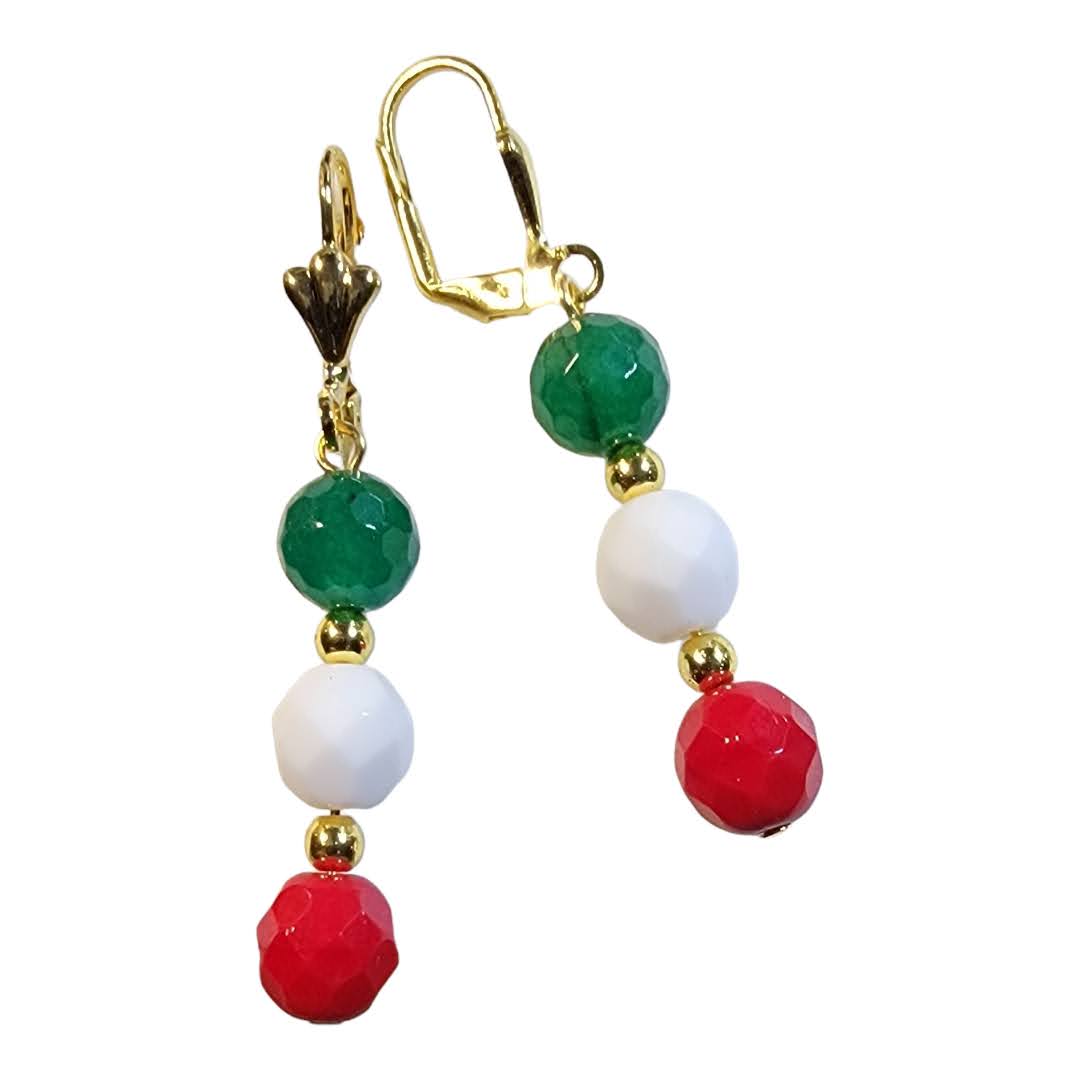 Italian Flag Solid Glass Bead Tight Dangle Gold Earrings