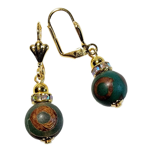 Green/Brown Tibetan Agate Gold Tone Earrings