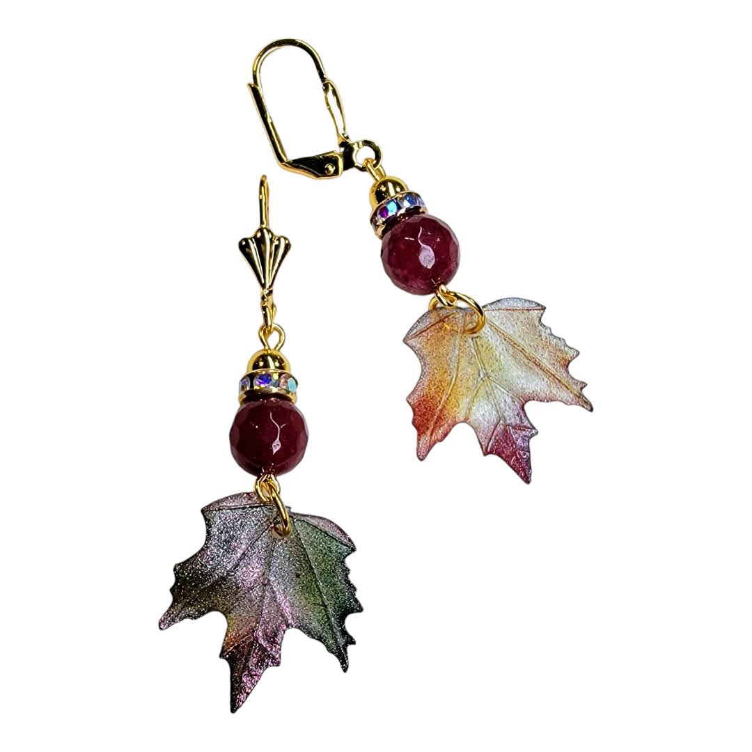 Red Agate Acrylic Leaf Gold Dangle Earring