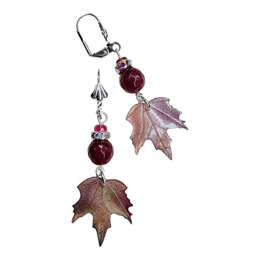 Red Agate Acrylic Leaf Silver Dangle Earring