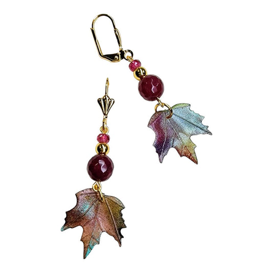 Red Agate Acrylic Leaf Gold Spacer Dangle Earring