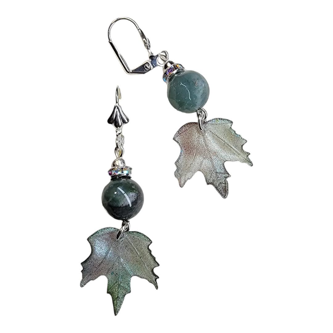 Green Agate Acrylic Leaf Silver Dangle Earring