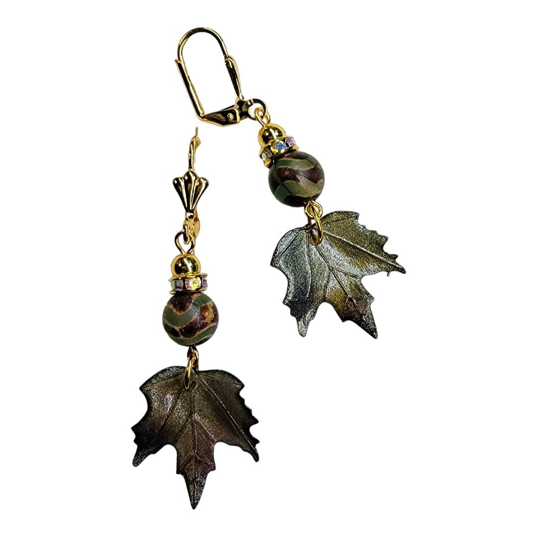 Green Tibetan Agate Acrylic Leaf Gold Dangle Earring