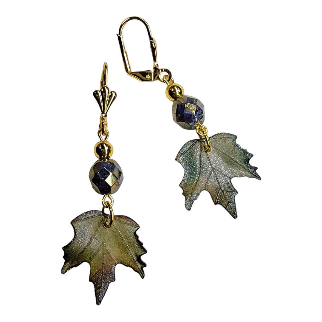 Bronze Green Czech Glass Faceted Acrylic Leaf Gold Dangle Earring