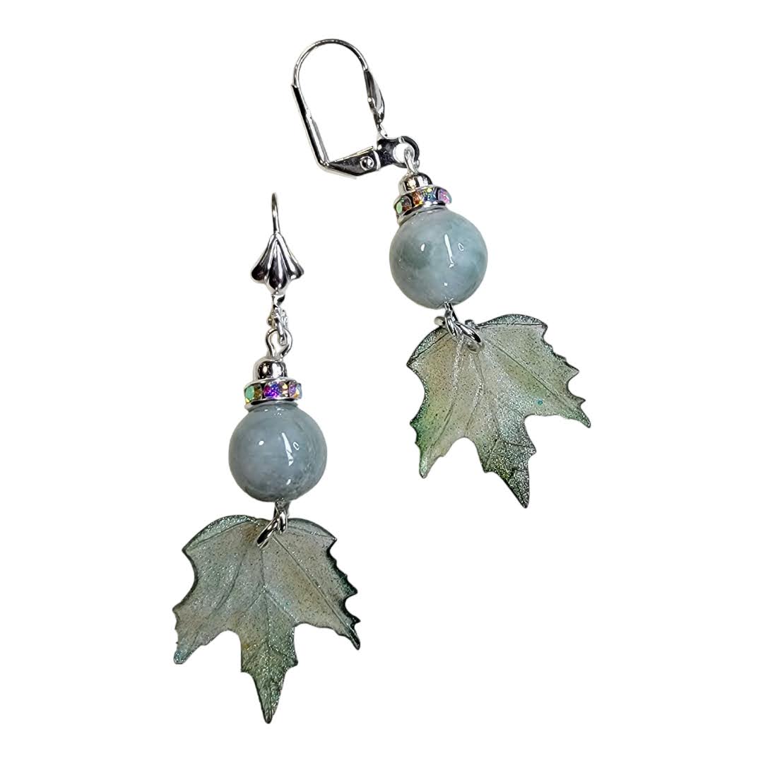 Green Jade Acrylic Leaf Silver Dangle Earring