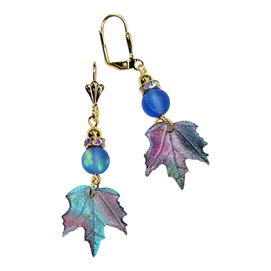 Blue Mermaid Bead Acrylic Leaf Gold Dangle Earring