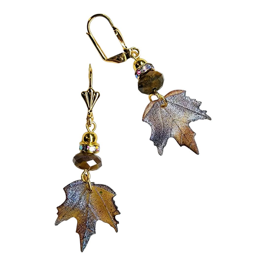 Golden Brown Faceted Bead Acrylic Leaf Gold Dangle Earring