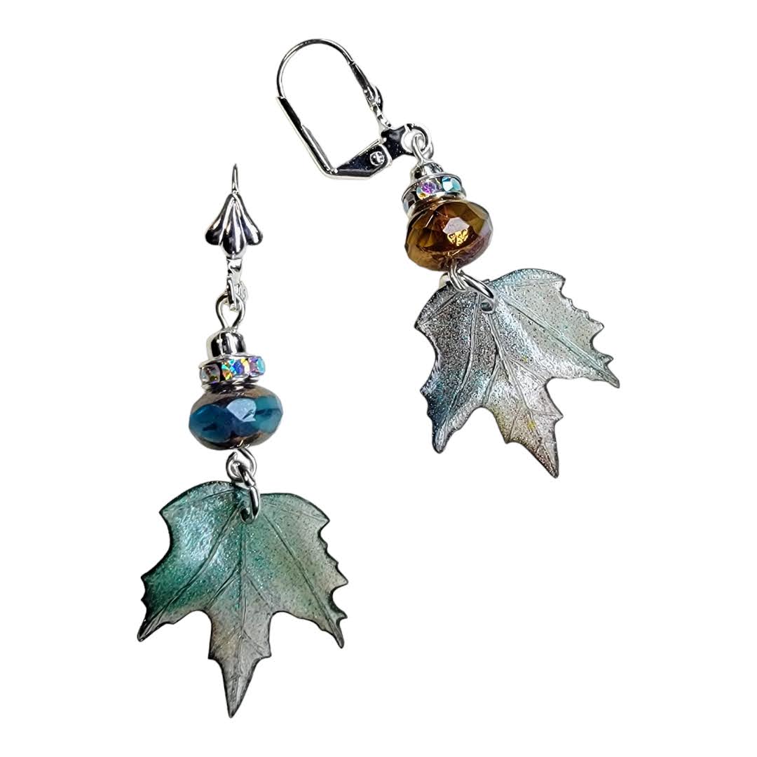 Aqua/Bronze Faceted Beaded Acrylic Leaf Silver Dangle Earring