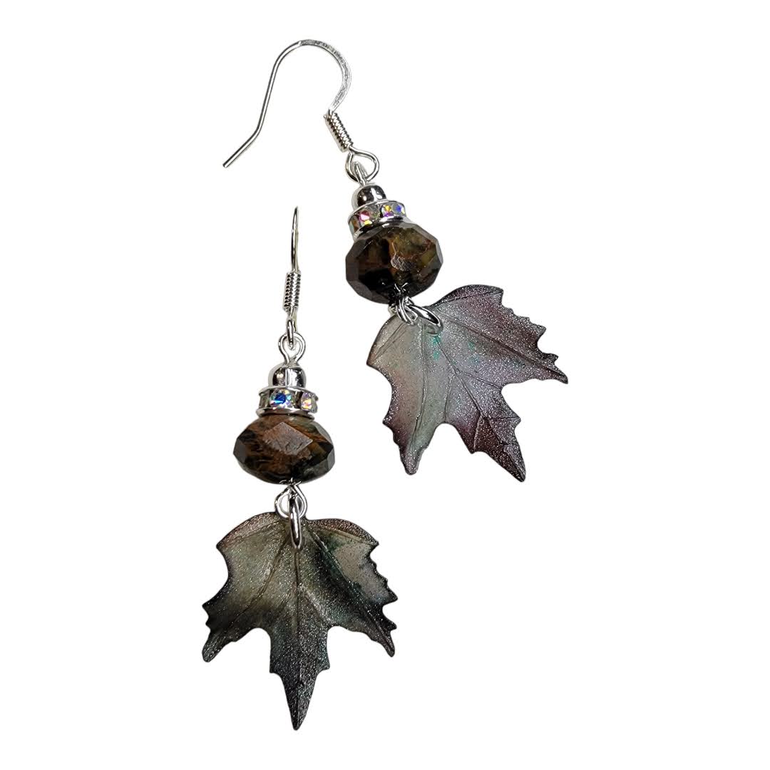 Green/Brown Faceted Beaded Acrylic Leaf Silver Dangle Earring