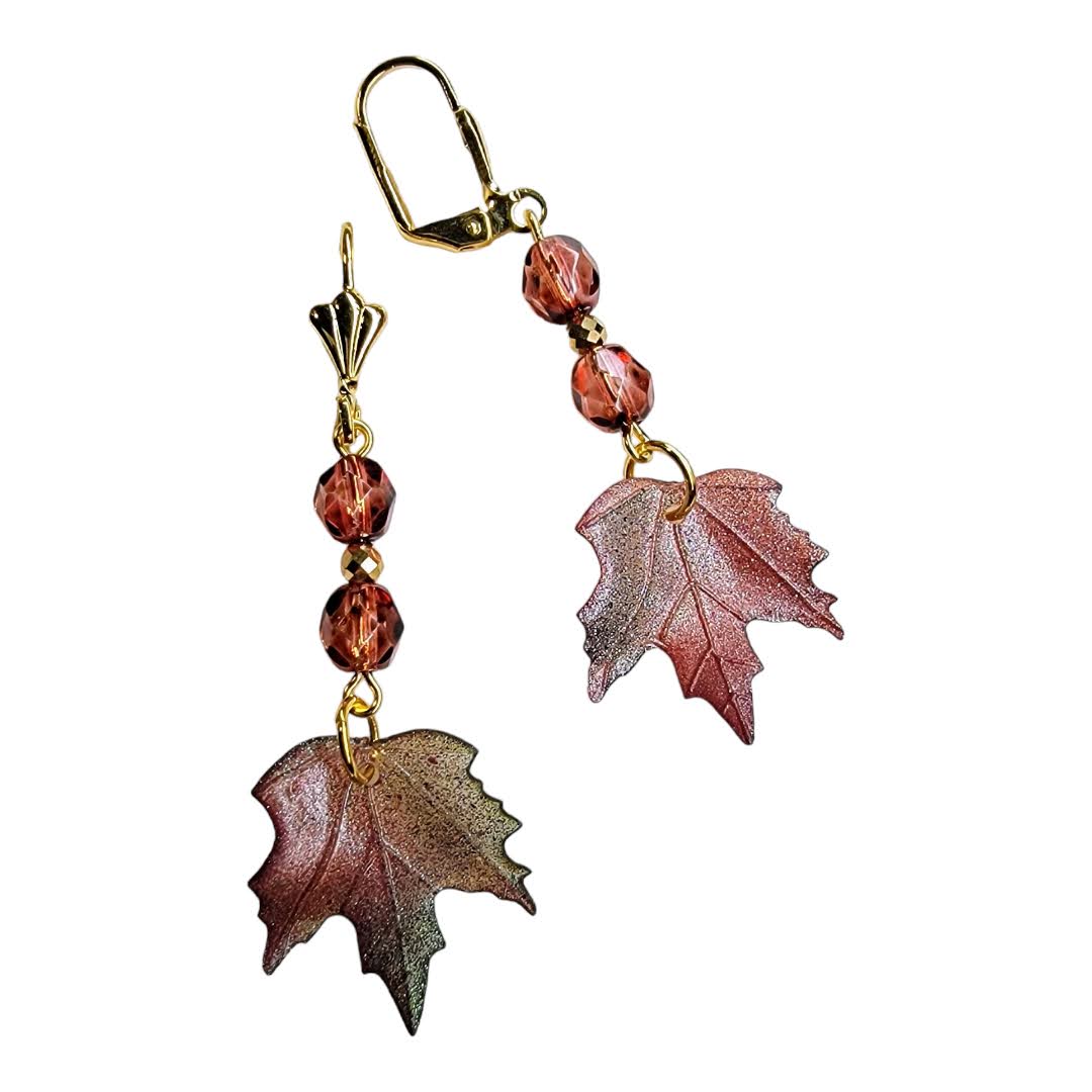 Red Faceted Czech Glass Beads Acrylic Leaf Gold Dangle Earring