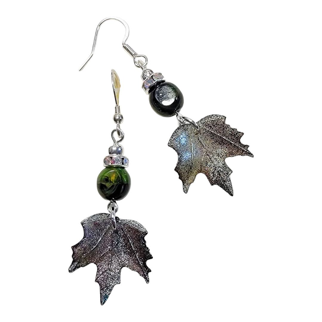 Green/Brown Givre Faceted Beaded Acrylic Leaf Silver Dangle Earring