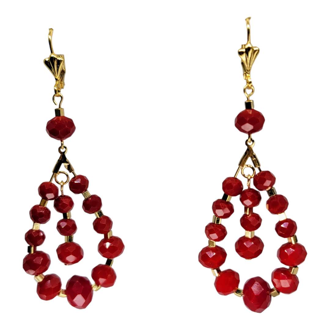 Czech Glass Red Faceted Beads Chandelier Dangle Earrings