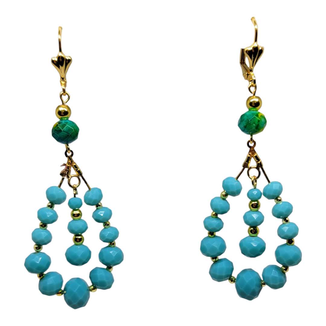 Czech Glass Turquoise Faceted Beads Chandelier Dangle Earrings