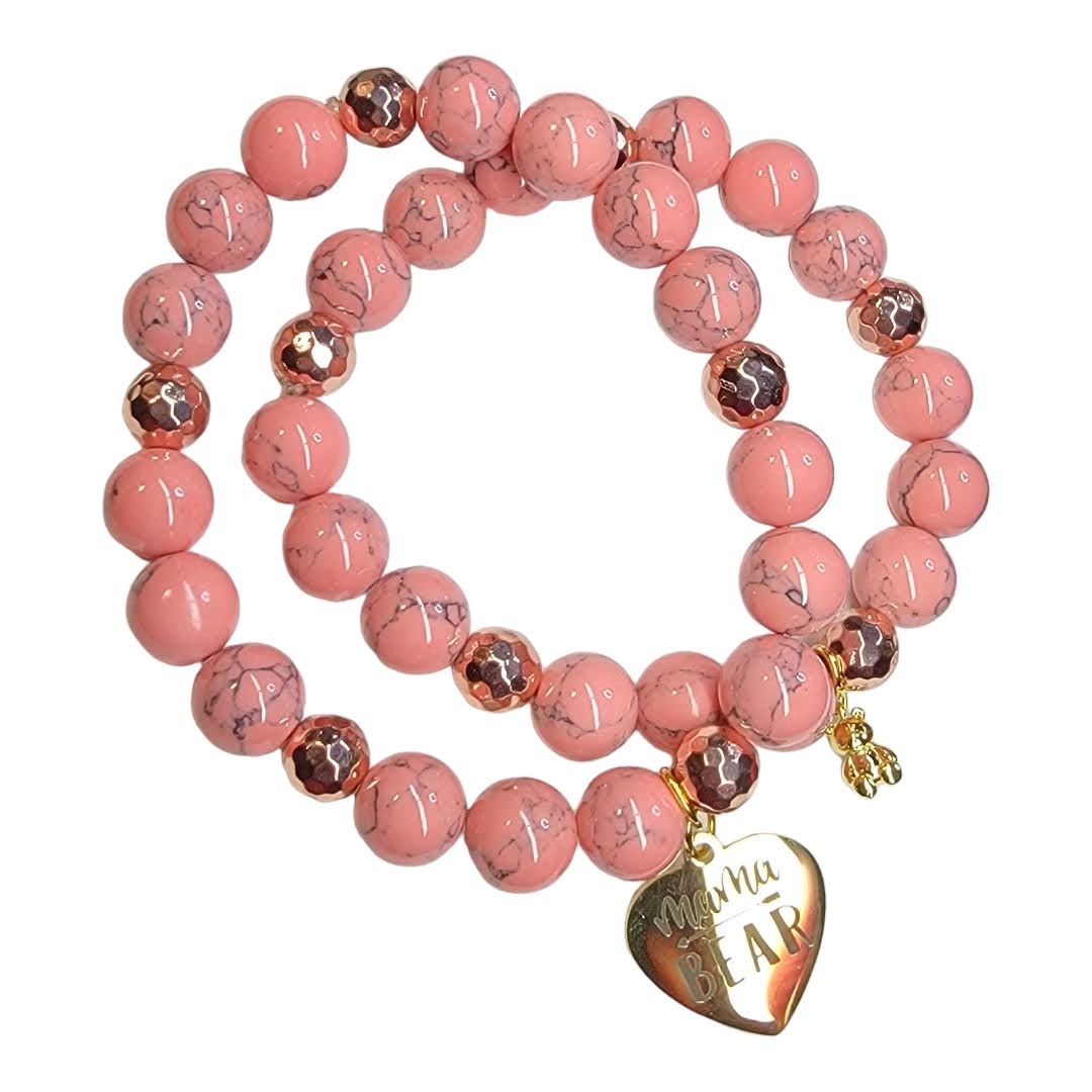 Mamma Bear Pink Howlite Rose Gold Accent Stretchy Bracelet Set