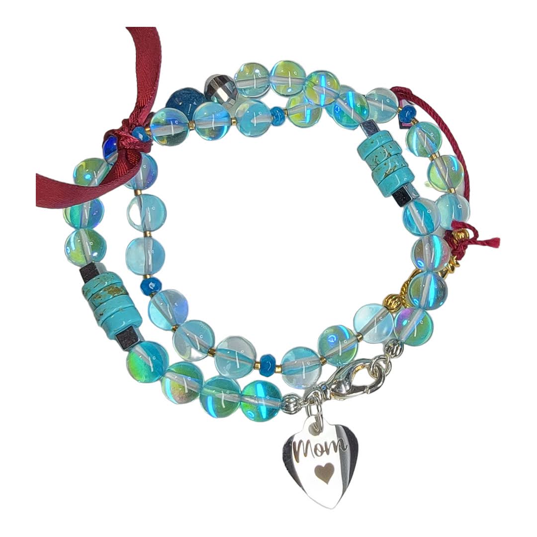 Mom Blue Mermaid Beads Tourquoise Agate Silver Bracelet Set