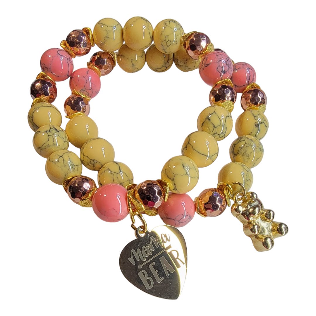 Mamma Bear Pink Yellow Howlite Rose Gold Accent Stretchy Bracelet Set