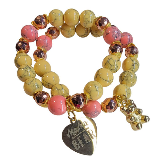 Mamma Bear Pink Yellow Howlite Rose Gold Accent Stretchy Bracelet Set