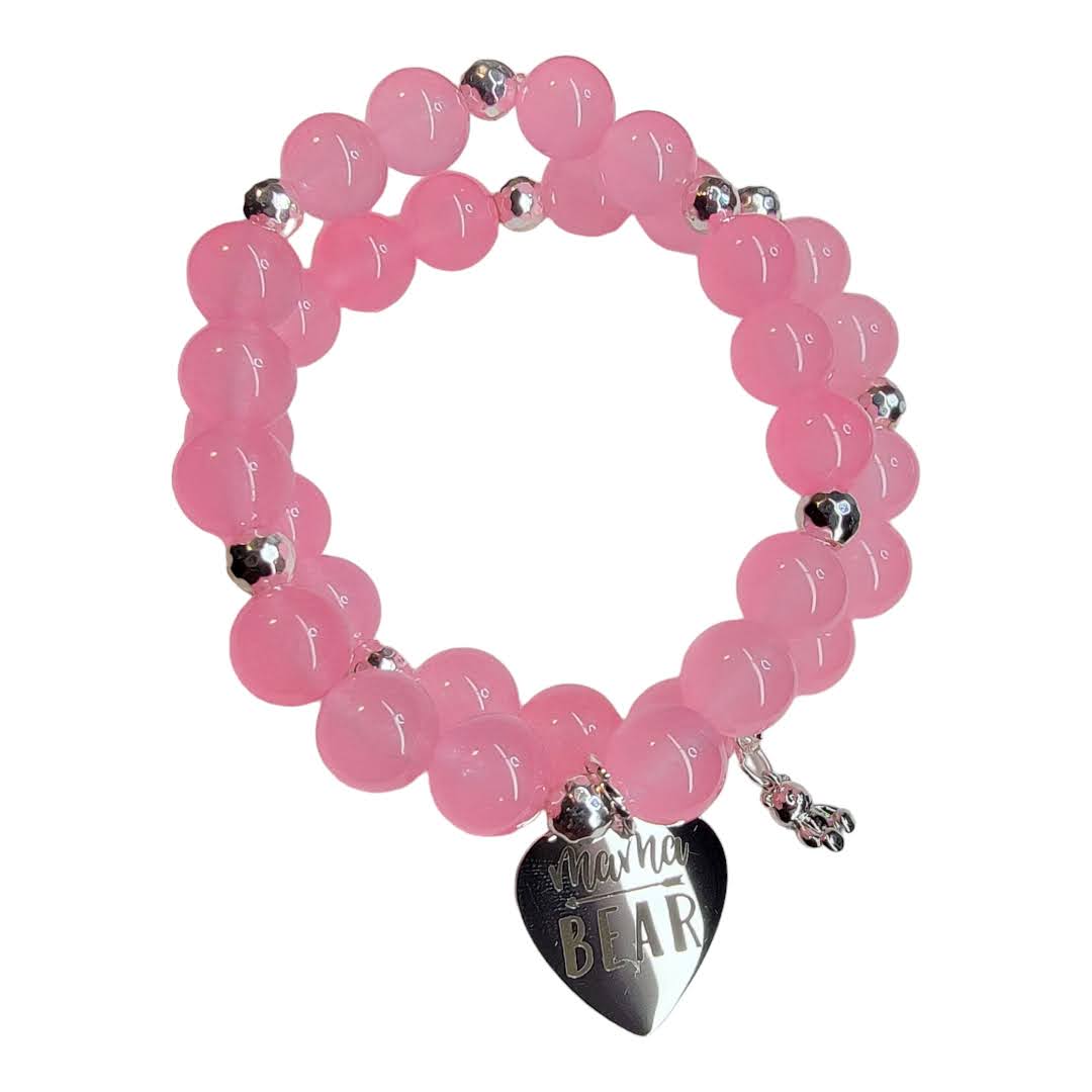 Mamma Bear Silver Charm Silver Accent Stretchy Bracelet Set