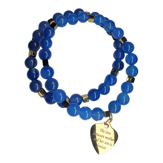 Mother Son Blue Agate Gold Cube Accent Stretchy Bracelet Set