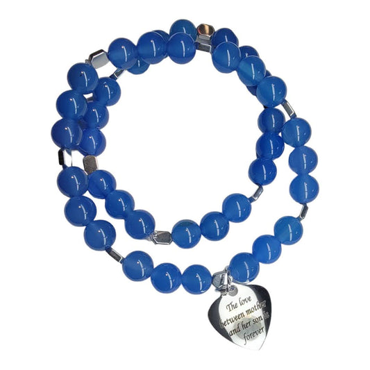 Mother Son Blue Agate Silver Hexagon Accent Stretchy Bracelet Set