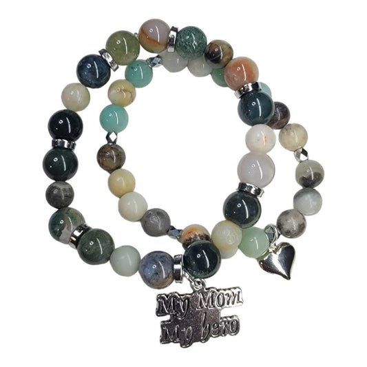 My Mom My Hero Shiny Agate Silver Accent Stretchy Bracelet Set