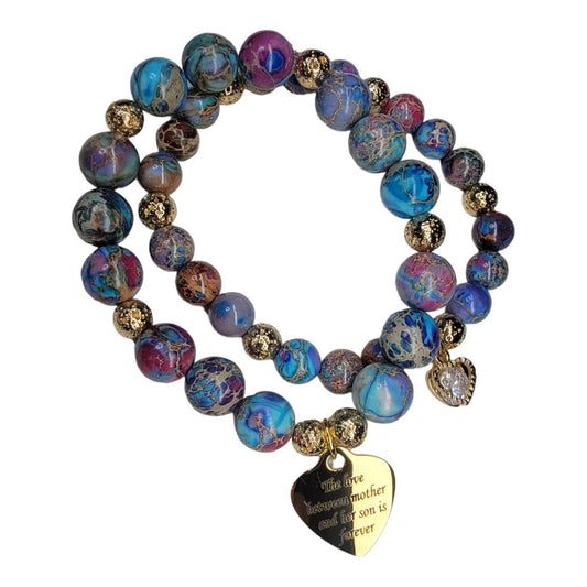 Mother Son Twin Purple Blue Jasper Gold Accent Stretchy Bracelet Set