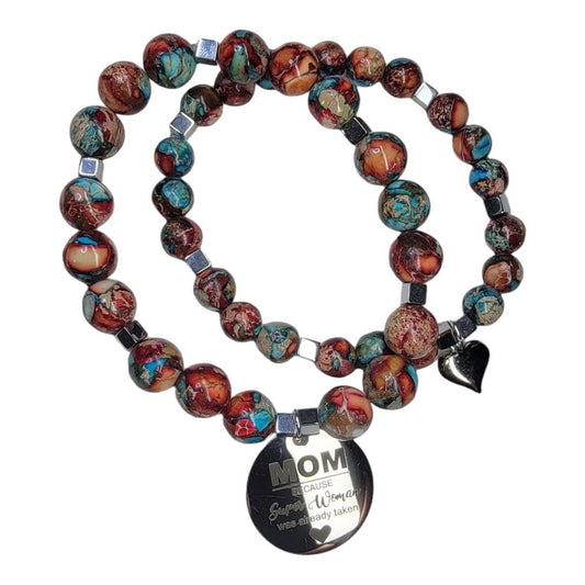 Mother Son Twin Red Blue Jasper Silver Accent Stretchy Bracelet Set