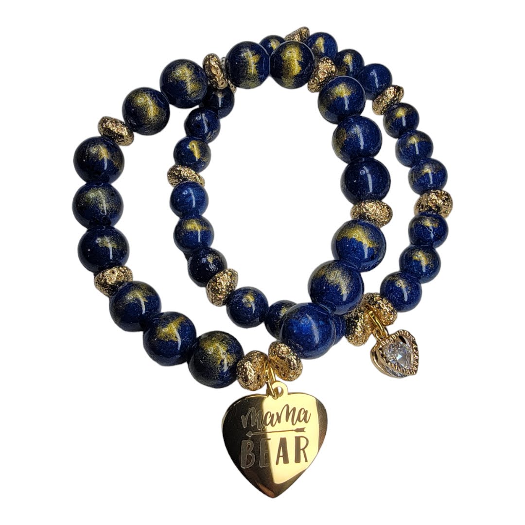 Mamma Bear Blue Ceramic Gold Swash Accent Stretchy Bracelet Set