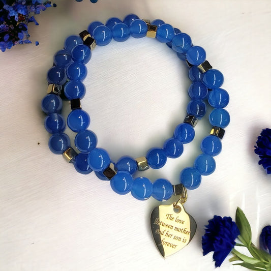 Mother Son Blue Cat's Eye Gold Accent Stretchy Bracelet Set