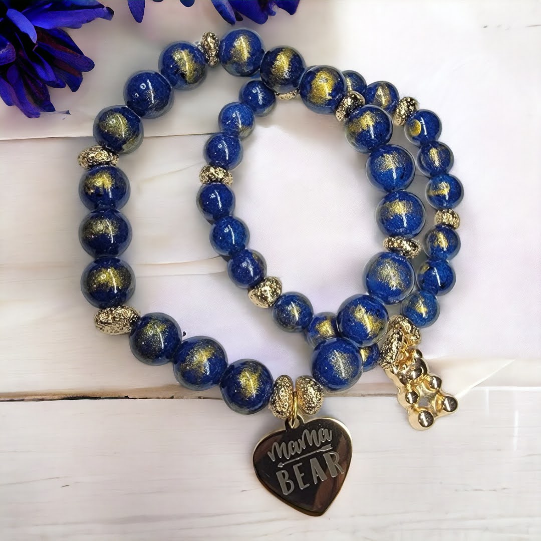Mamma Bear Blue Ceramic Gold Swash Accent Stretchy Bracelet Set