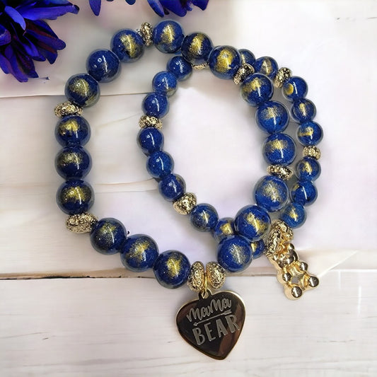 Mamma Bear Blue Ceramic Gold Swash Accent Stretchy Bracelet Set