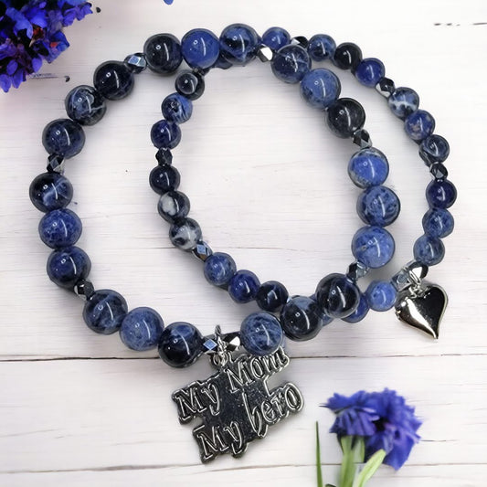My Mom My Hero Blue Sodalite Silver Accent Stretchy Bracelet Set