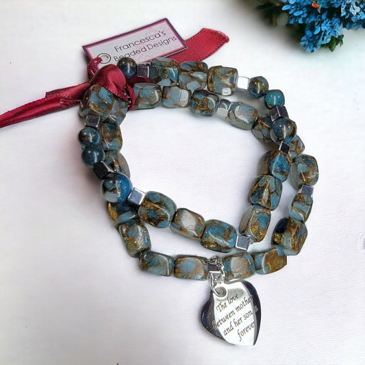Mother Son Twin Cube Jasper Silver Accent Stretchy Bracelet Set