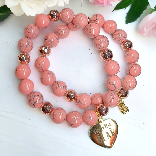 Mamma Bear Pink Howlite Rose Gold Accent Stretchy Bracelet Set