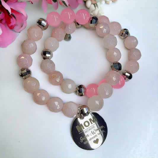 Mother Son Pink Quartz Silver Accent Stretchy Bracelet Set