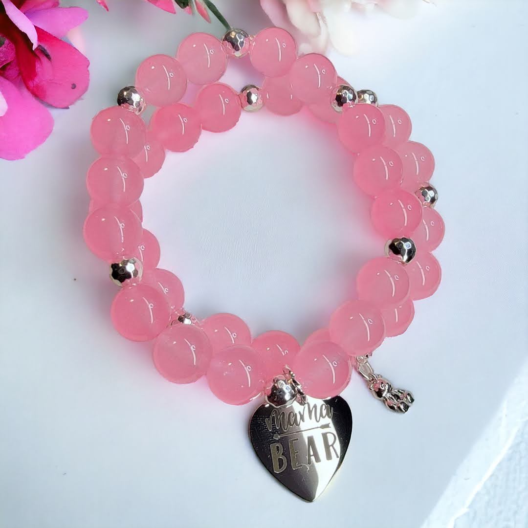 Mamma Bear Silver Charm Silver Accent Stretchy Bracelet Set