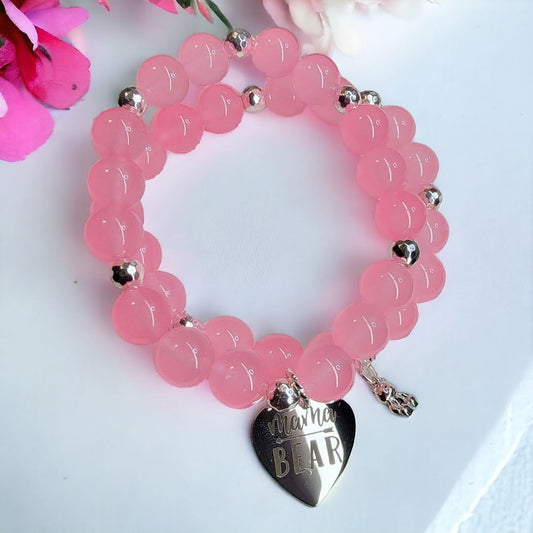 Mamma Bear Silver Charm Silver Accent Stretchy Bracelet Set