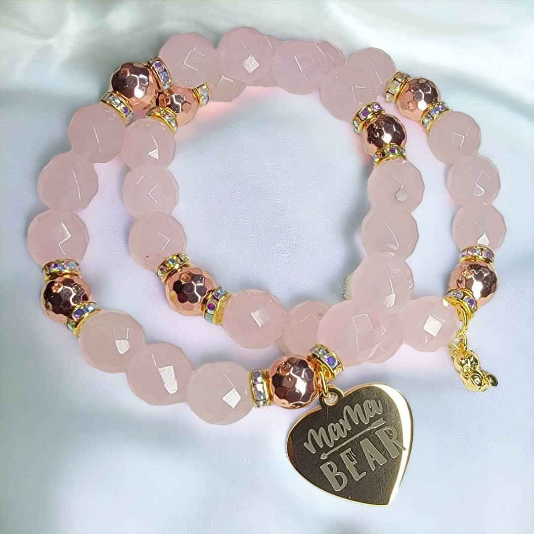 Mamma Bear Rose Gold Charm Quartz Accent Stretchy Bracelet Set
