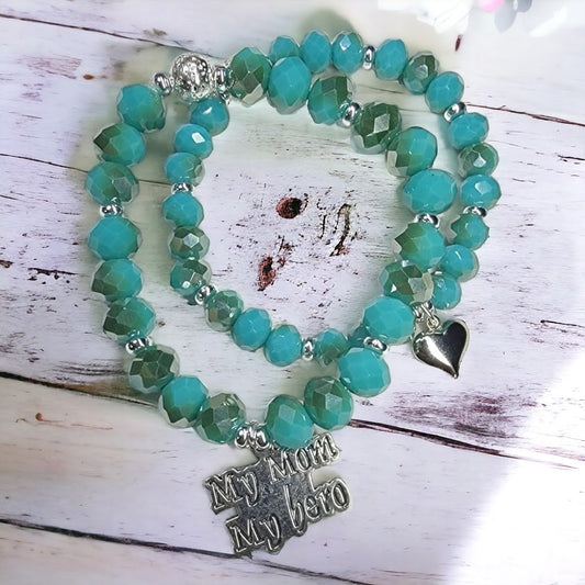 My Mom My Hero Aqua Faceted Czech Glass Silver Accent Stretchy Bracelet Set