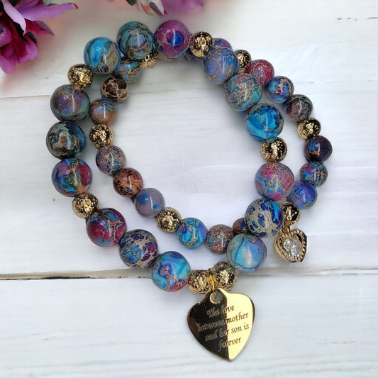 Mother Son Twin Red Blue Gold Accent Jasper Stretchy Bracelet Set