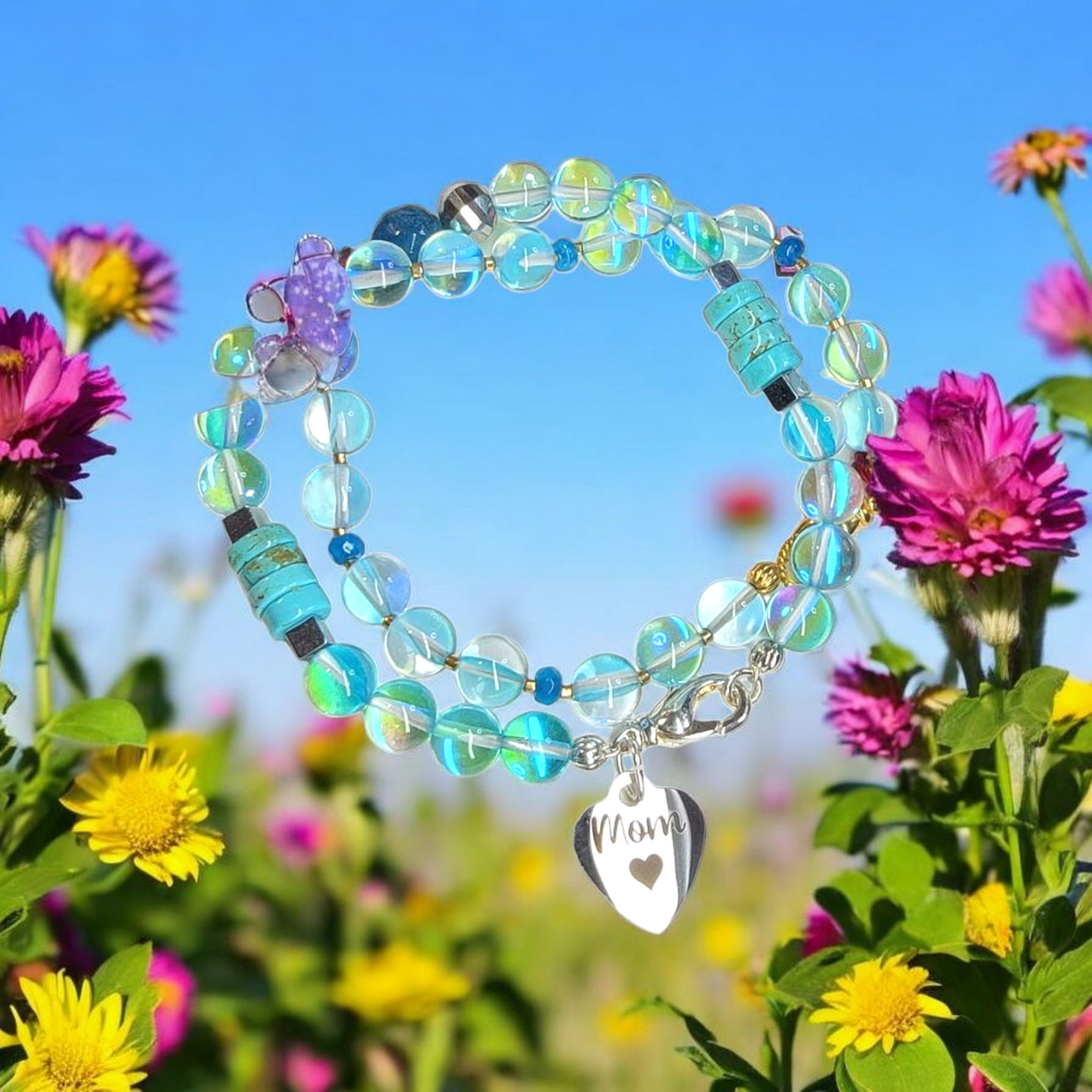 Mom Blue Mermaid Beads Tourquoise Agate Silver Bracelet Set